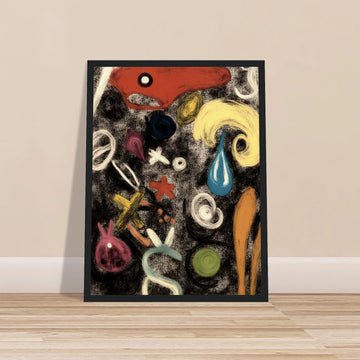 Colorful, abstract shapes and symbols swirl across a textured black canvas, resembling a dreamlike dance of forms.
