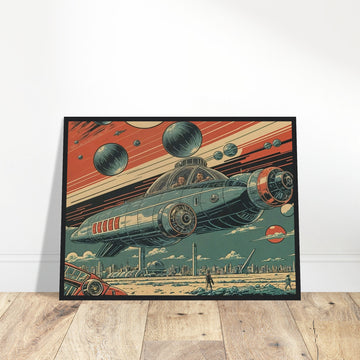 A retro-futuristic artwork featuring a sleek spaceship hovering over a futuristic cityscape, with multiple planets and celestial bodies in the background.