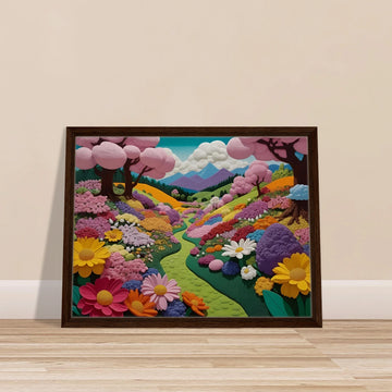 A whimsical, pastel-colored valley with blooming flowers, pink cherry blossom trees, and a winding green path leading to purple mountains.