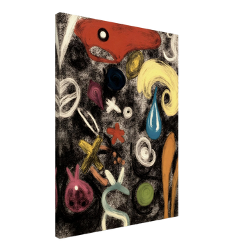 Colorful, abstract shapes and symbols swirl across a textured black canvas, resembling a dreamlike dance of forms.