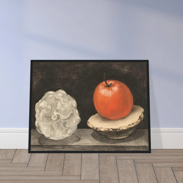 A surreal still life of a glossy red fruit on a shell beside a cloudlike orb, set against a dark textured background.