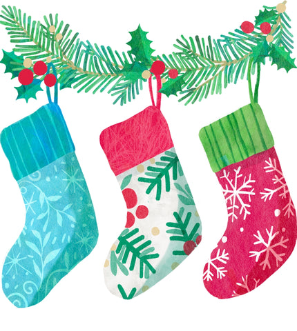 3 Christmas stockings hanging on a garland