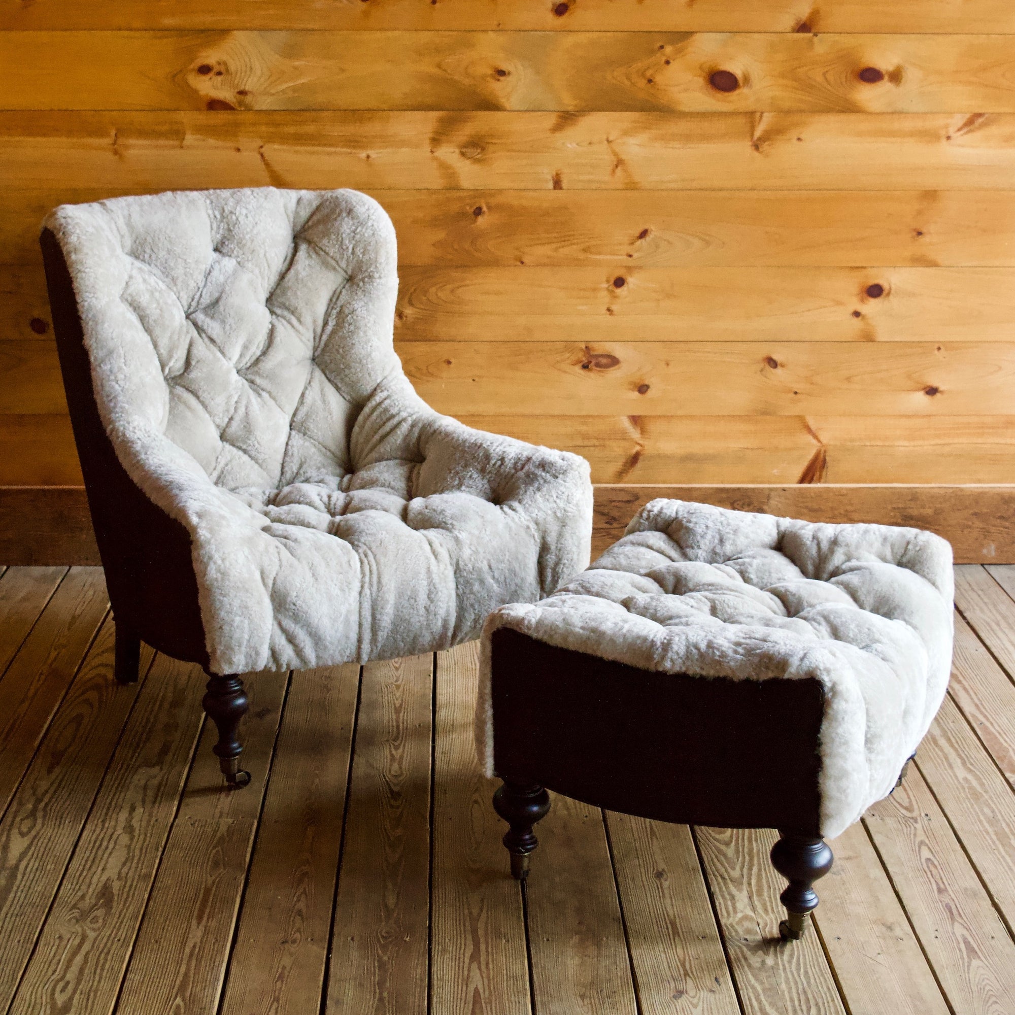 Shearling and Leather Chair & Ottoman | Beige Shearling and Brown