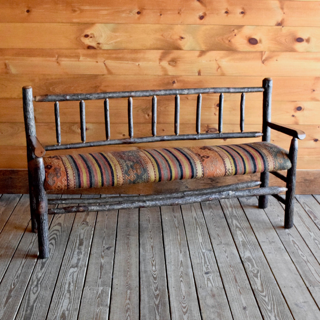 Footboard Bench with Vintage Kilim Seat | Rustic Hickory Hardwood Bench
