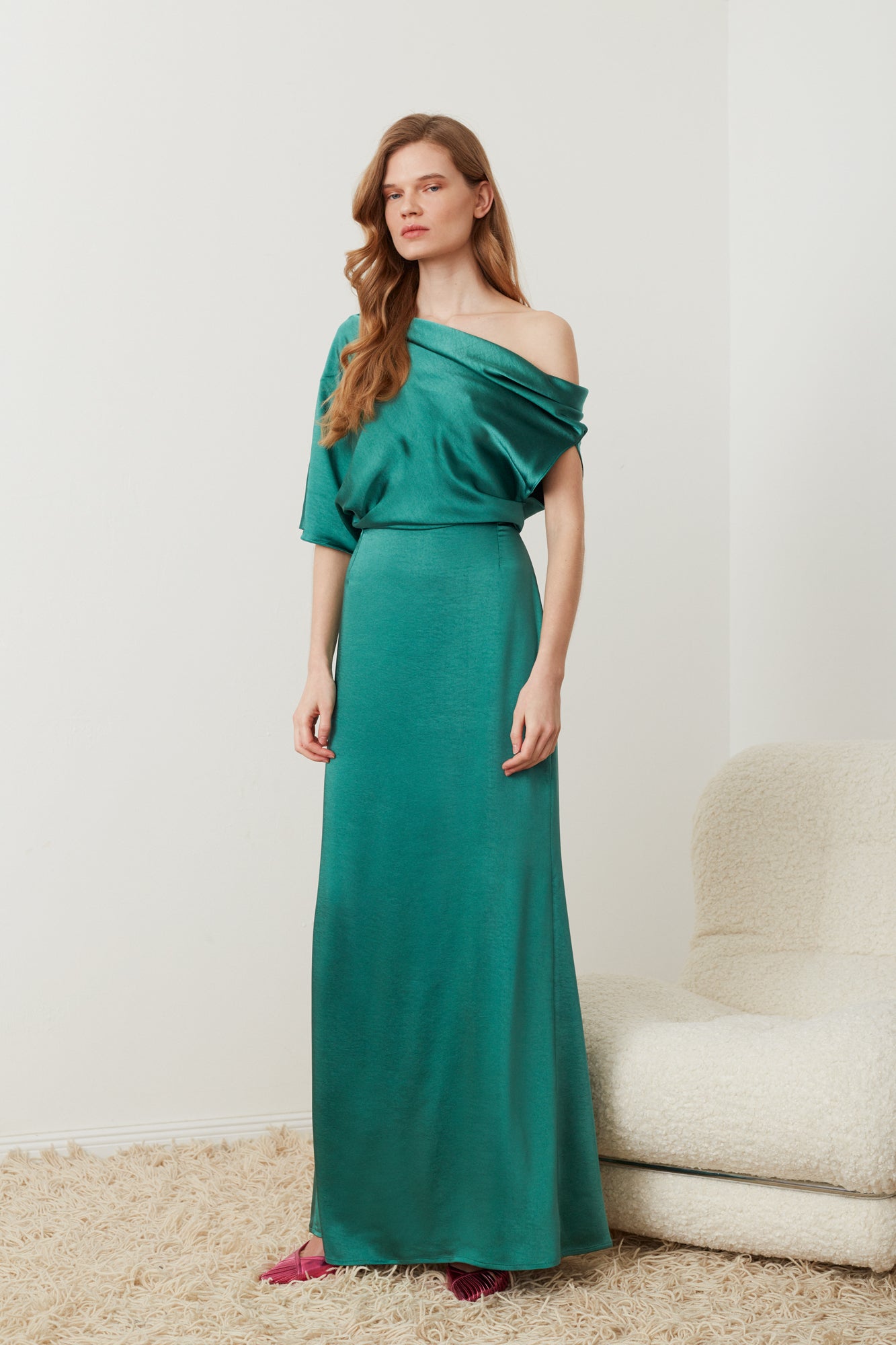 HELEN Teal Green Satin Asymmetric Maxi Evening Dress – UNDRESS