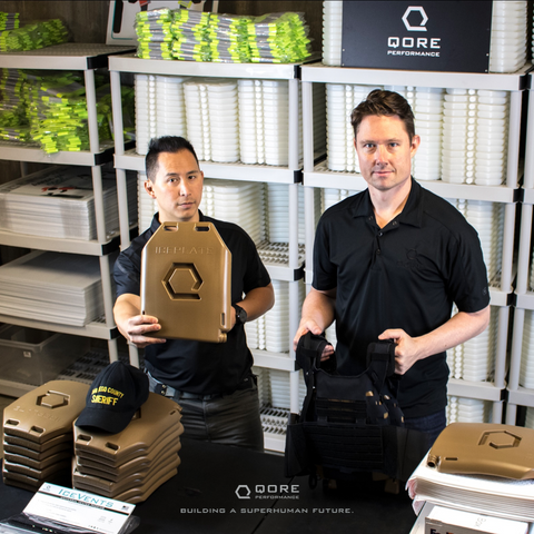 Qore Performance Co-Founders Justin Li (left) and J.D. Willcox (right) invented IcePlate Curve, the worlds first plate carrier and body armor water bottle with cooling and hydration