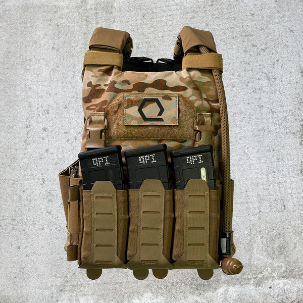 AC1 Plate Carrier from T.REX Arms in MultiCam Arid with Blue Force Gear Triple M4 mag placard.