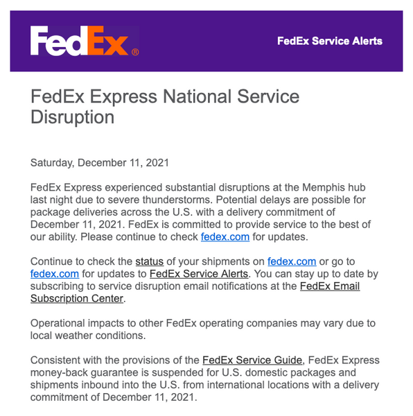 FedEx Express Shipping Delays due to severe thunderstorms at Memphis hub