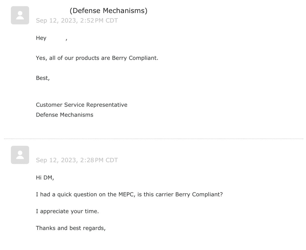 Screenshot of email correspondence with Defense Mechanisms concerning the Defense Mechanisms MEPC Beri Compliance.