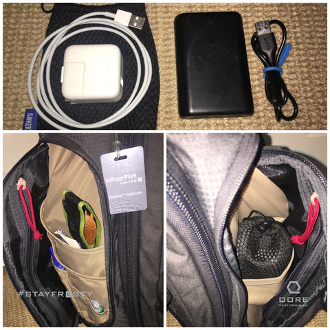 Vertx EDC Gamut contient une batterie Anker, un MacBook Pro 15" et des ustensiles de cuisine en plus de l'hydratation en vol IcePlate