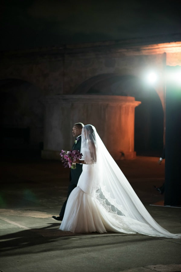 Chic Destination Wedding in Puerto Rico Vibrant Purple Wedding Bride Wearing Cathedral Lace Veil from The Mantilla Company