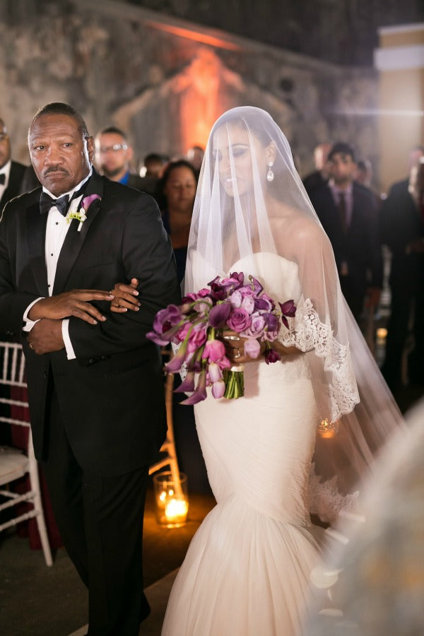 Chic Destination Wedding in Puerto Rico Vibrant Purple Wedding Bride Wearing Cathedral Lace Veil from The Mantilla Company