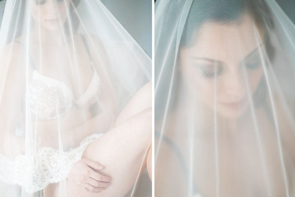 bridal boudoir photoshoot with mantilla veil