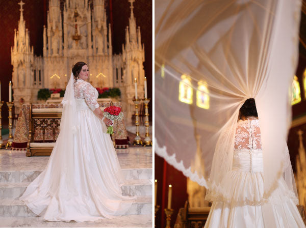 cathedral wedding in catholic church with mantilla veil