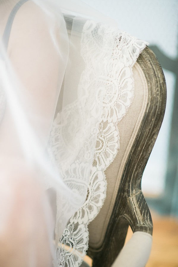 boudior bridal photo shoot with mantilla wedding veil lace detail