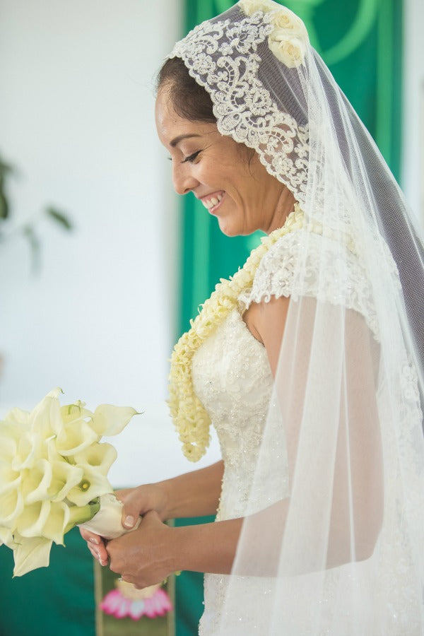 hawiian wedding in church mantilla veil