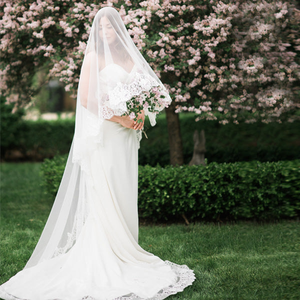 2 Tiers Wedding Veil with Spanish Lace fixed on a Comb