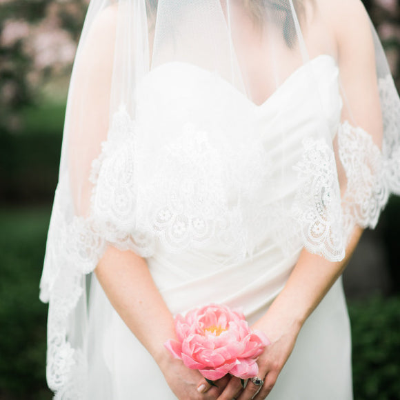 VALENTINA Chantilly Lace Edged Drop Cathedral Bridal Veil