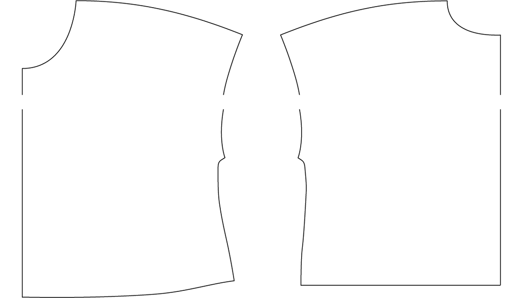 Line drawing of the front and back pattern pieces. Horizontal cut separates the top from bottom just below the neckline and through the sleeve.