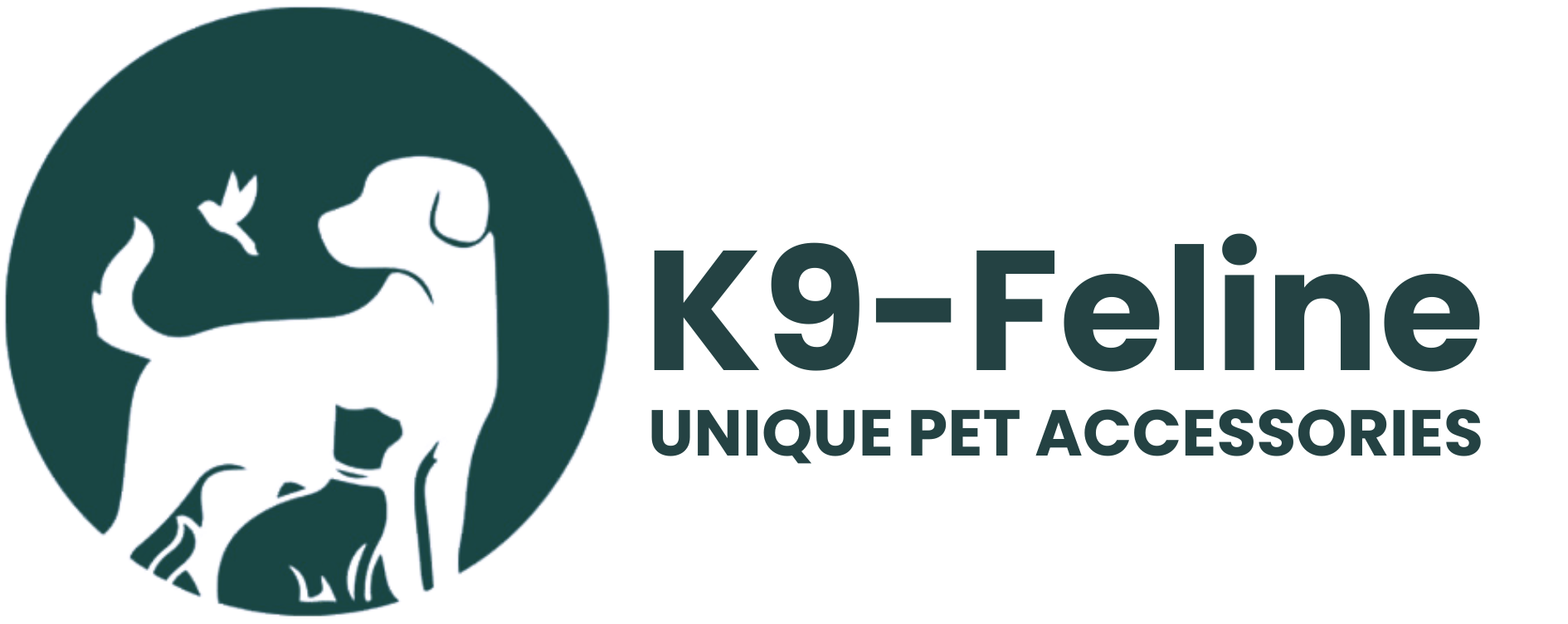 K9-Feline logo featuring a dog, cat, and bird with text 'UNIQUE PET ACCESSORIES.'
