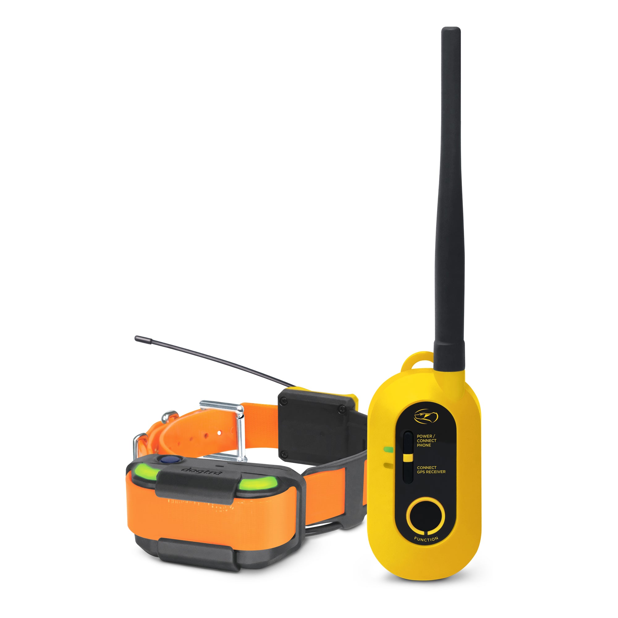 Yellow handheld GPS with an antenna next to an orange dog collar with a receiver.