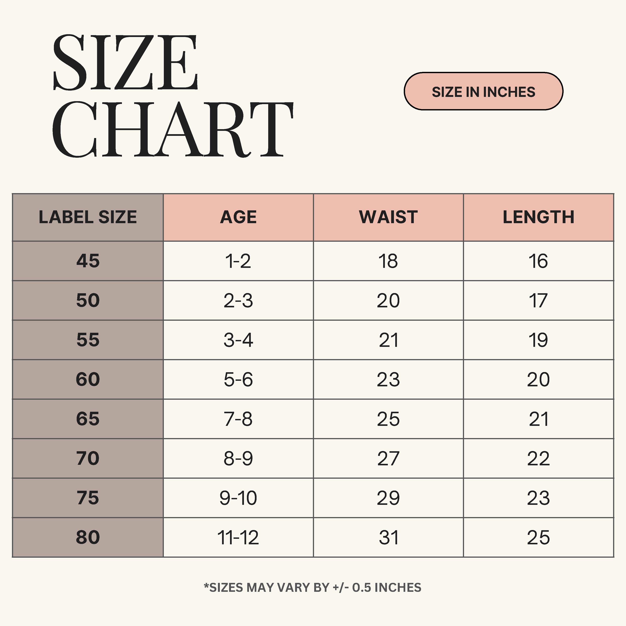 Size chart for kids 3-4th pant