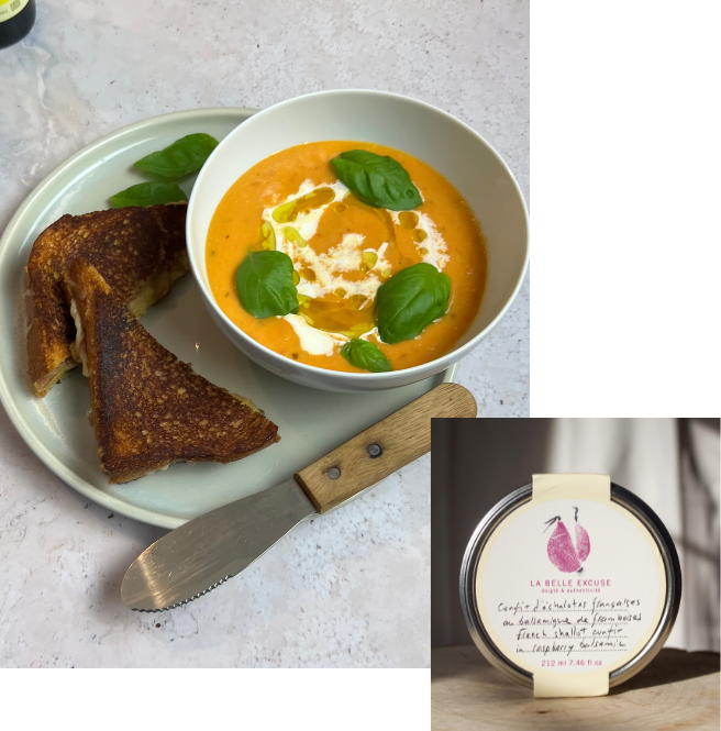 Comforting Homemade Roasted Tomato Soup and Grilled Cheese with French Shallot Confit