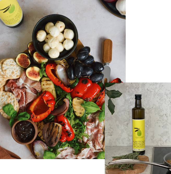 Plateau d'antipasti et huile d'olive verte