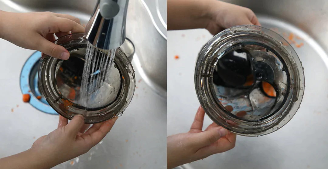 Two side-by-side images of a juicer's lid getting rinsed under a faucet.