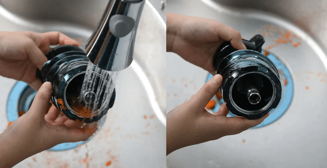 Two side-by-side images of a juicer's auger rinsed under a faucet.