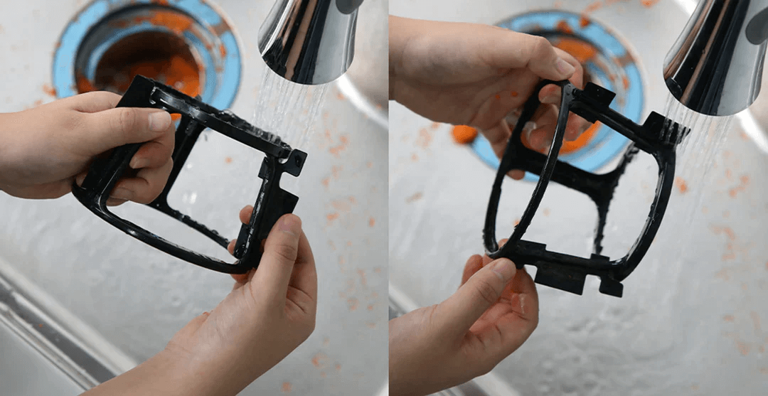 Two-side-by side images of a rotation wiper getting rinsed under a faucet.