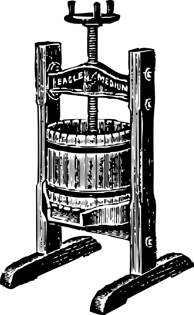 Line drawing of an old-fashioned wine press.