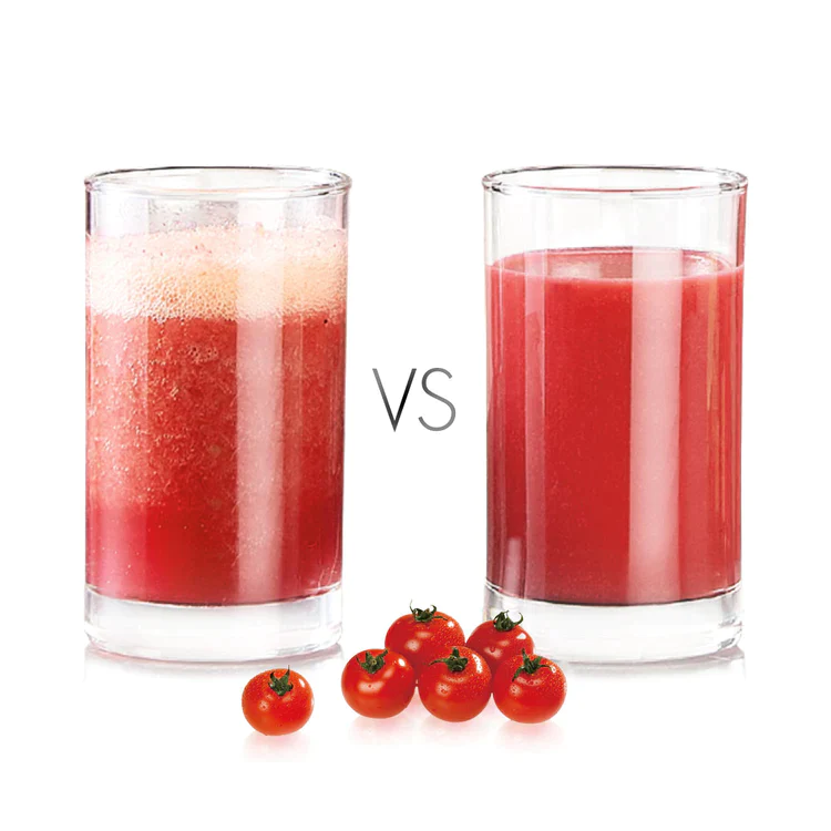 Two glasses of tomato juice, one more separated than the other.