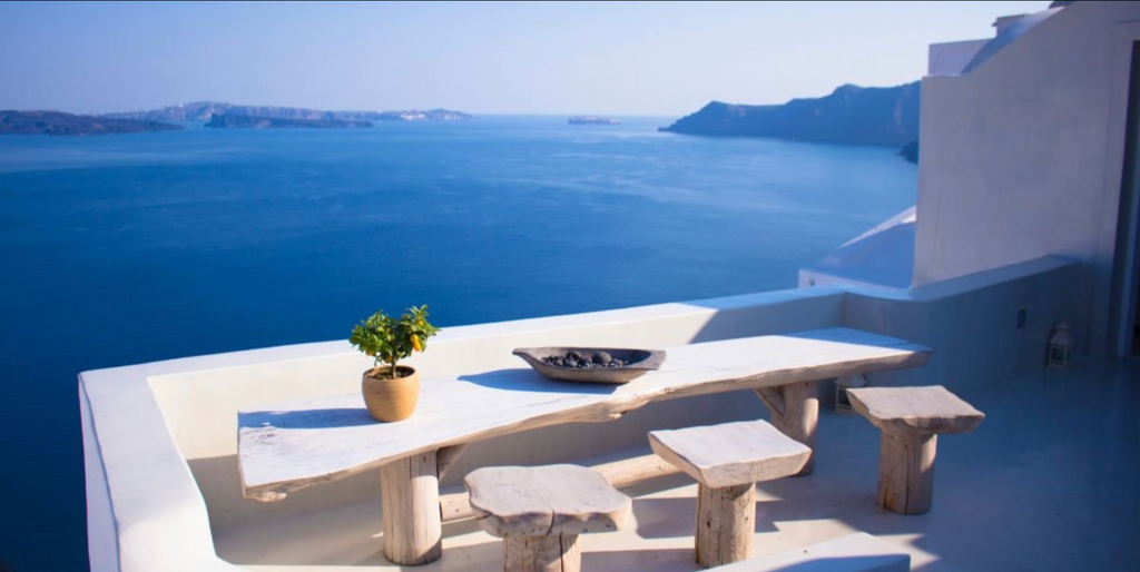 Ocean views from a Greek-style balcony