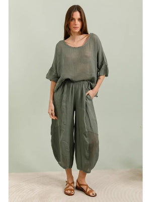 100% Linen Relaxed Trousers-Natural French Designed - BELLISSIMA HANDBAGS