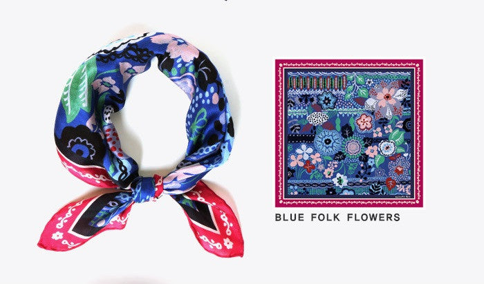 Fashion Silk Petit Square Scarf Nathalie Lete Shawl Wrap Blue Folks 7321 Design