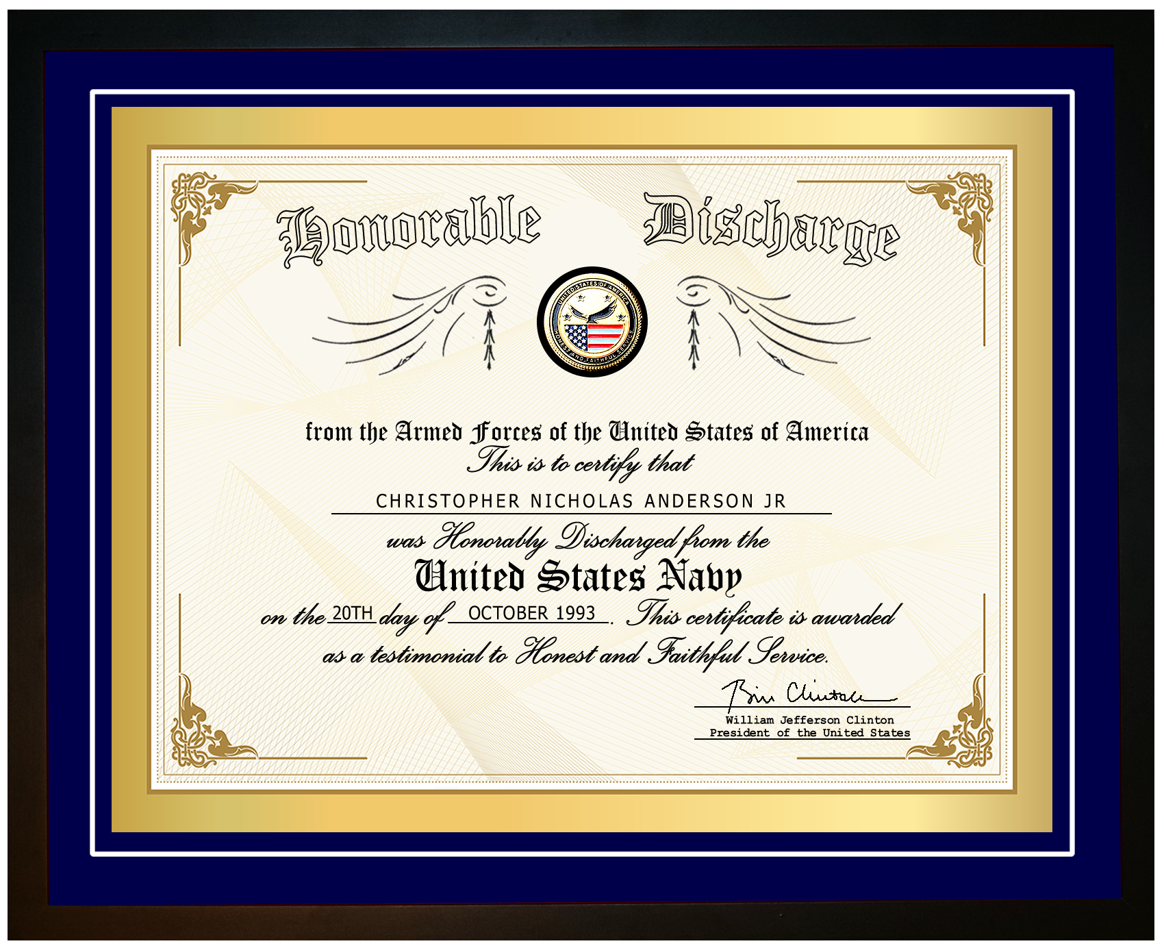 Framed Navy Discharge Certificate