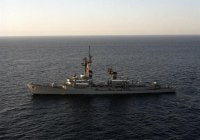 A port beam view of the guided missile destroyer USS HENRY B. WILSON (DDG 7) underway off the coast of Southern California.<br>April 1989