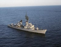 An aerial, starboard side view, of the US Navy (USN) Charles F. Adams Class (as built) Destroyer USS HENRY B. WILSON (DDG 7) underway in the Pacific Ocean.<br>April 1987