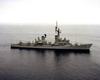 An aerial starboard view of the guided missile destroyer USS HENRY B. WILSON (DDG 7).<br>June 1983