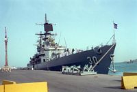 A starboard bow view of the guided missile cruiser USS HORNE (CG-30) moored at the Mina Sulman pier. - 1993