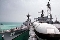 The guided missile cruiser USS HORNE (CG-30) sits at anchor beside the amphibious command ship USS BLUE RIDGE (LCC-19).  The vessels have been deployed to the region during Operations Desert Shield/Desert Storm. - 1991