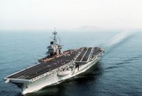 The aircraft carrier USS RANGER (CV-61) sails off the coast of California prior to launching two B-25 Mitchell bomber aircraft