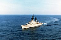 A port bow view of the guided missile cruiser USS WILLIAM H. STANDLEY (CG-32) underway. - 1990