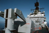 The Mark 10 Mod 5/6 missile launcher aboard the guided missile cruiser USS WORDEN (CG 18). The ship is participating in a midshipmen's summer training cruise, 07/01/1986