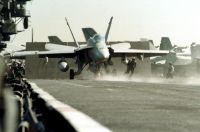 An F/A-18 Hornet launches from catapult number one aboard the aircraft carrier USS INDEPENDENCE (CV 62). INDEPENDENCE is deployed to the Persian Gulf in support of Operation Southern Watch