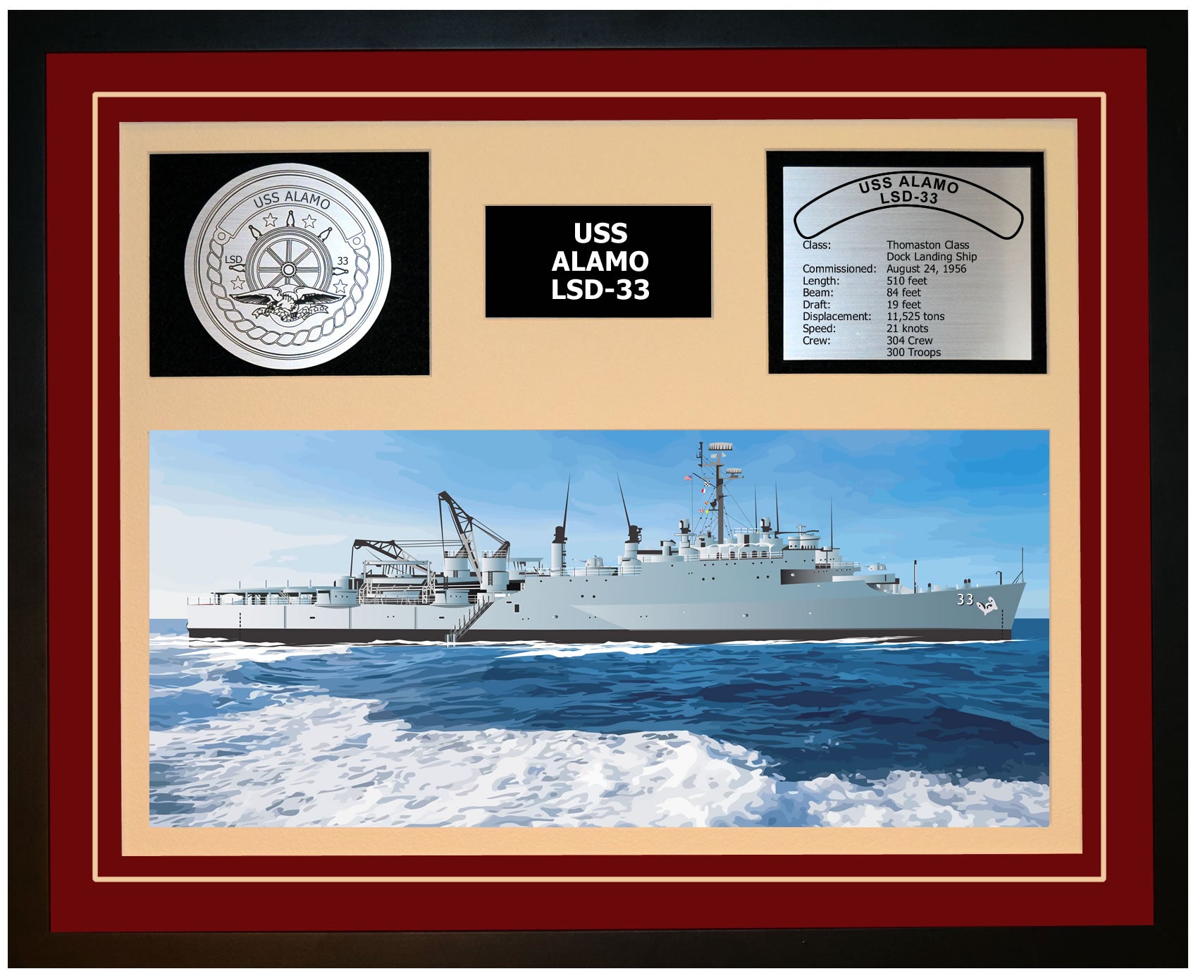 USS ALAMO LSD-33 Framed Navy Ship Display Burgundy