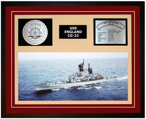 USS ENGLAND CG-22 Framed Navy Ship Display Burgundy
