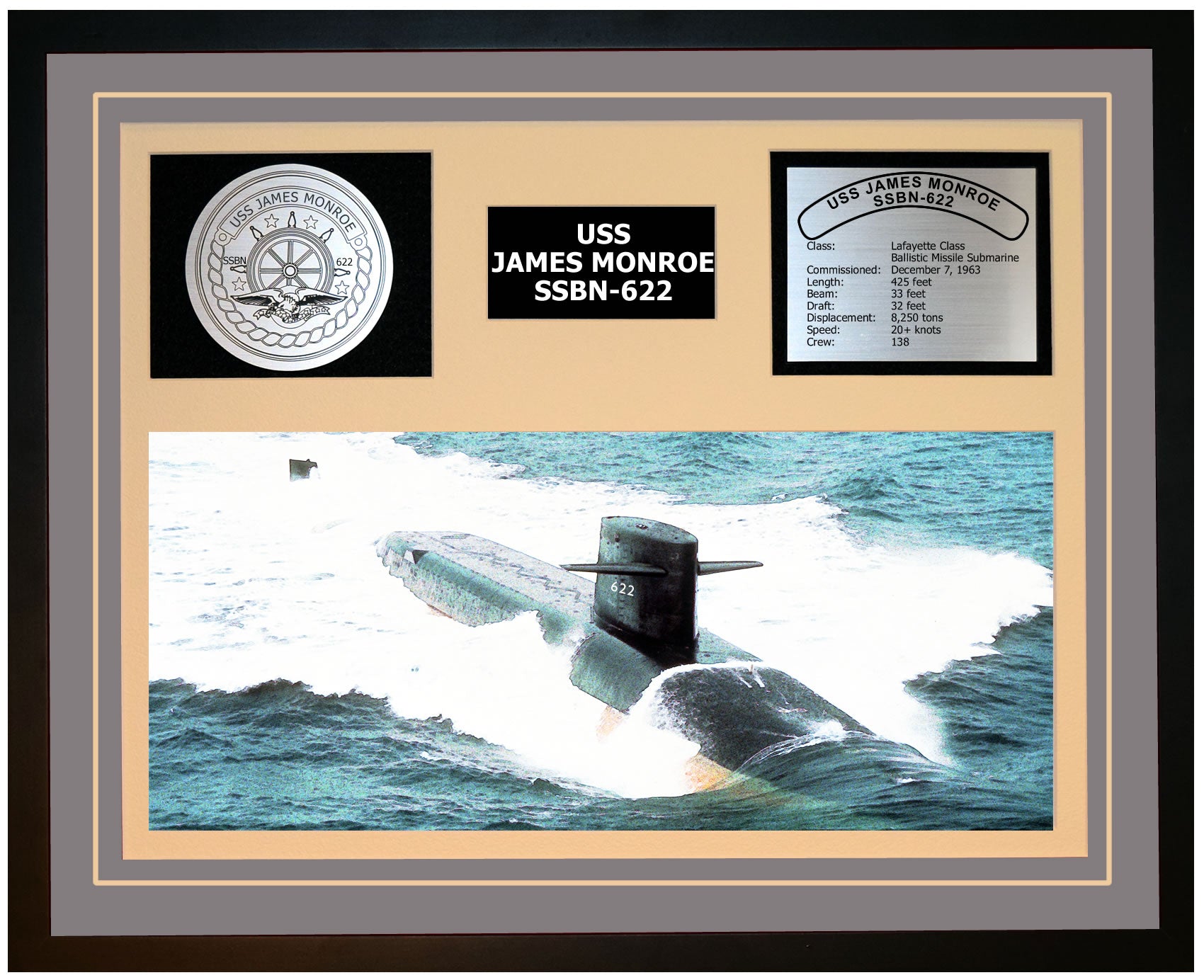 Uss James Monroe Ssbn 622 Framed Navy Ship Display Burgundy Navy Emporium 9136