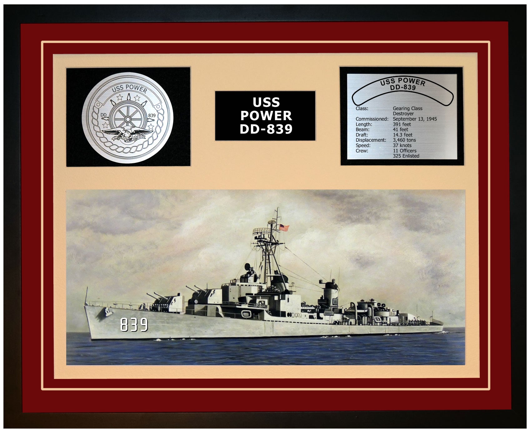 USS POWER DD-839 Framed Navy Ship Display